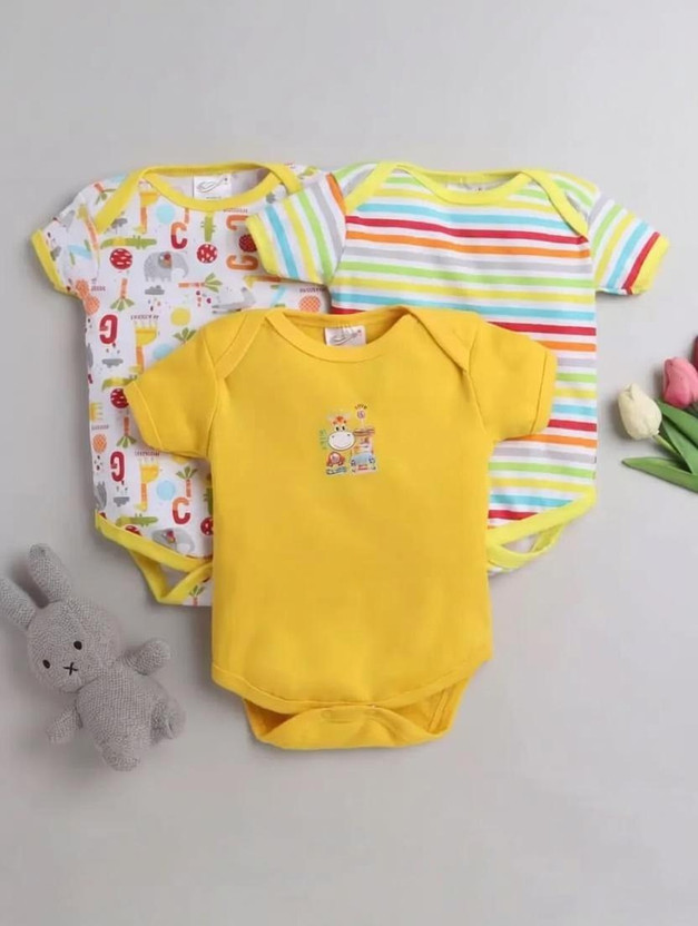 GME Romper For Baby Boys & Baby Girls Casual Printed, Striped Cotton Blend(Yellow, Pack of 3)