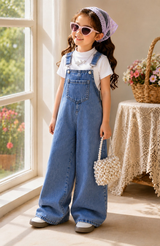 Complete Outfits Dungaree For Girls Casual Solid Denim(Blue, Pack of 1)