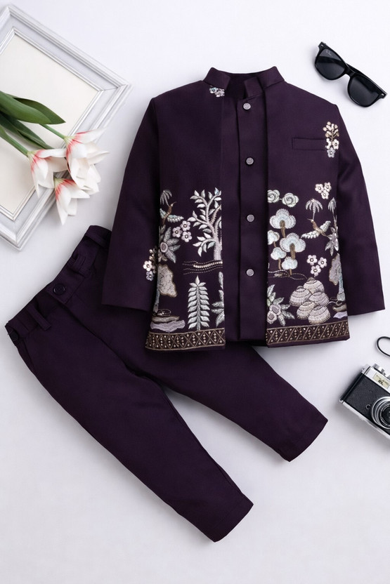 ArhamFashionWear Boys Festive & Party, Wedding Blazer, Shirt and Trouser Set(Purple Pack of 1)
