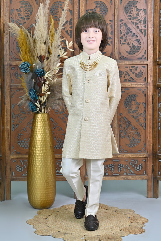 AHHAAAA Boys Wedding Sherwani and Churidar Set(Gold Pack of 1)