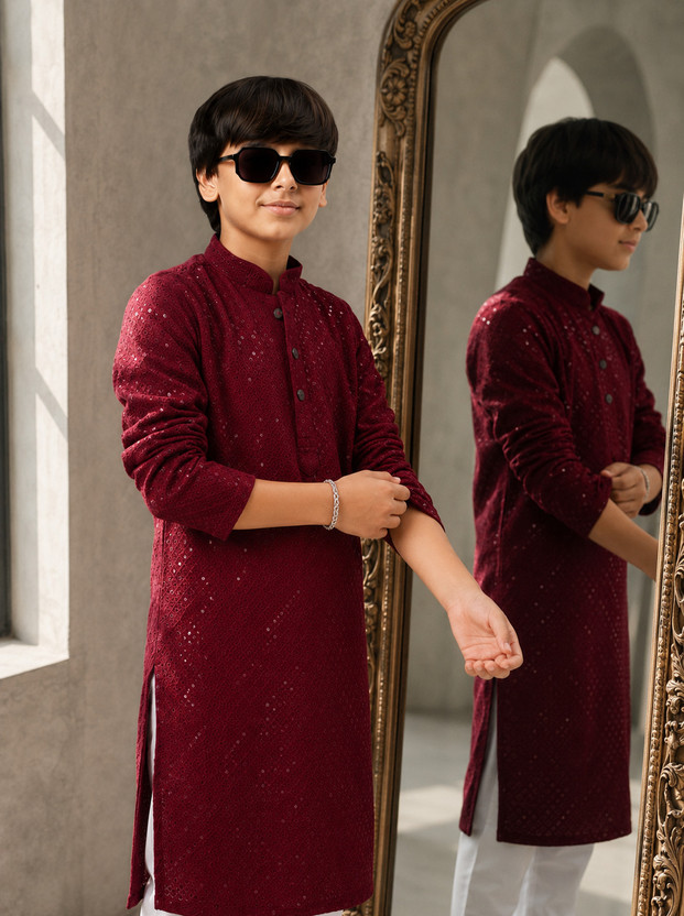 Sweety Boys Festive & Party Kurta and Pyjama Set(Maroon Pack of 2)