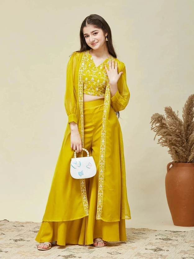 Curly Tales Girls Festive & Party Ethnic Jacket, Blouse and Palazzo Set(Yellow Pack of 1)