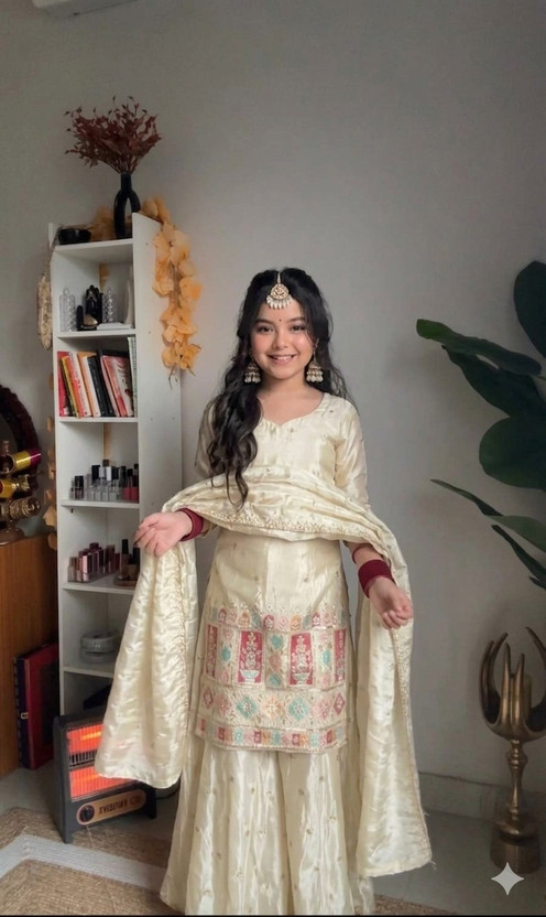 Vymora Girls Wedding, Festive & Party Kurta and Sharara Set(Beige Pack of 1)