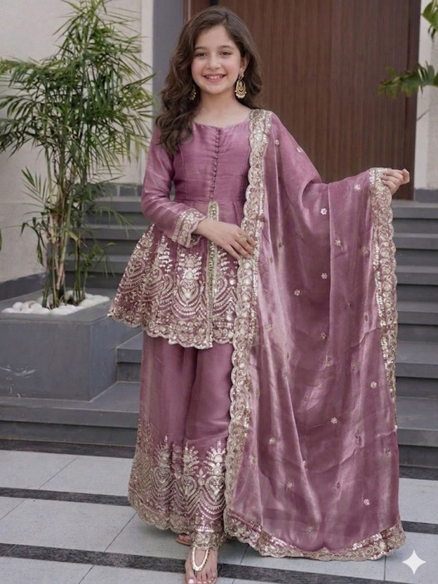 Eeloo Girls Festive & Party, Wedding Kurta and Palazzo Set(Pink Pack of 1)