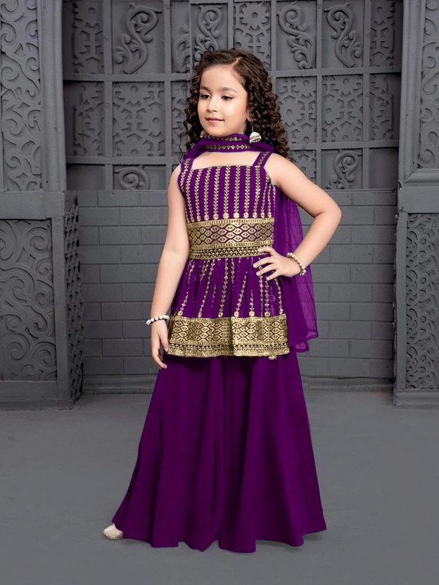 Viddhi Ethinic Girls Wedding Kurta and Palazzo Set(Purple Pack of 1)