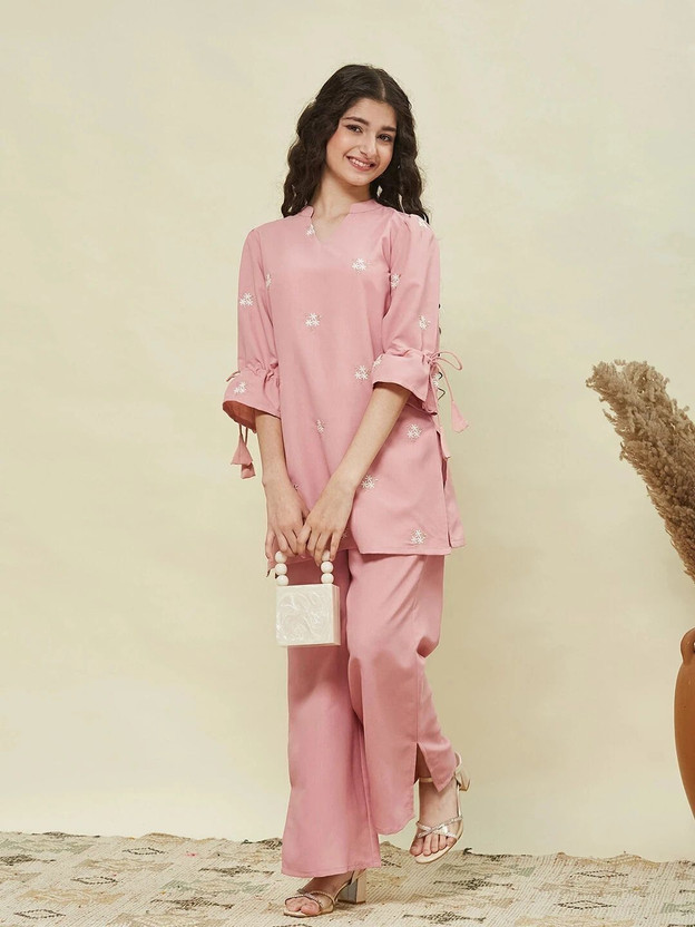 Curly Tales Girls Festive & Party Kurta and Trouser Set(Pink Pack of 1)