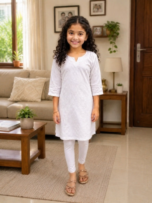DINESH Girls Casual Kurti and Legging Set(White Pack of 2)