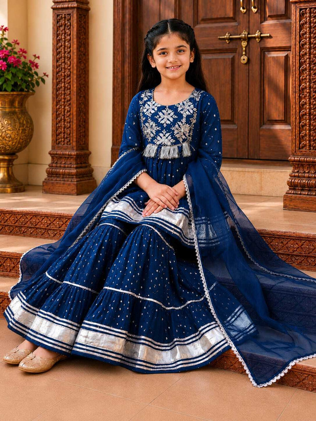 HouseOfCommon Girls Festive & Party Kurta and Sharara Set(White Pack of 1)