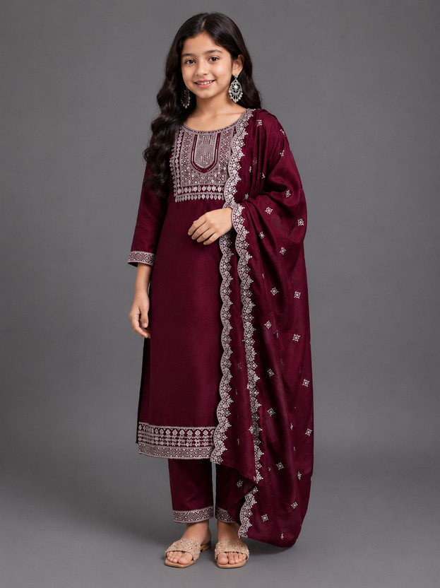 ANJANI ANJANI Girls Festive & Party Kurta and Trouser Set(Maroon Pack of 1) - Flipkart Deal