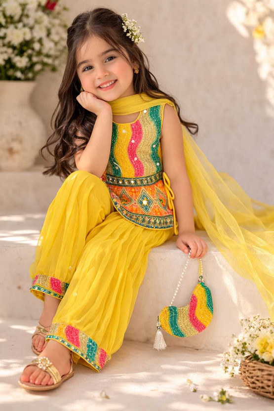 Firoj Dresses Girls Festive & Party Kurta, Dhoti Pant & Dupatta Set(Yellow Pack of 1)