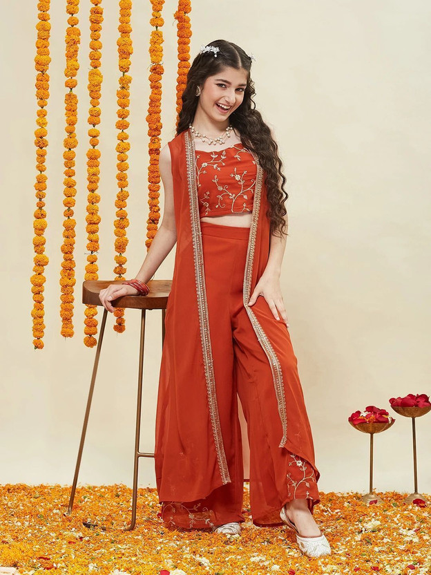 Curly Curly Tales Girls Festive & Party Ethnic Jacket, Blouse and Palazzo Set(Orange Pack of 1) - Flipkart Deal