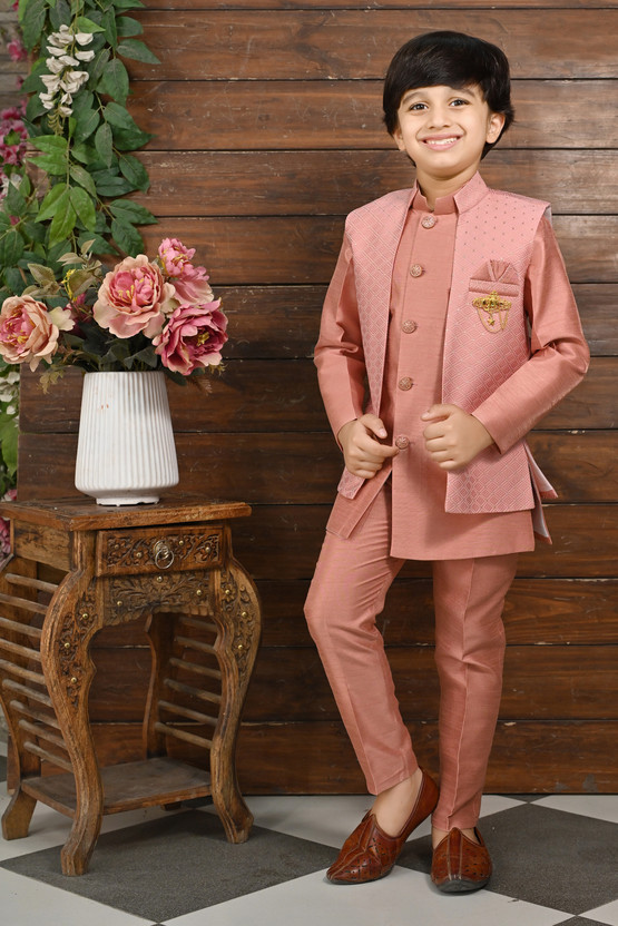 AHHAAAA Boys Festive & Party Kurta, Waistcoat and Breeches Set(Pink Pack of 1)