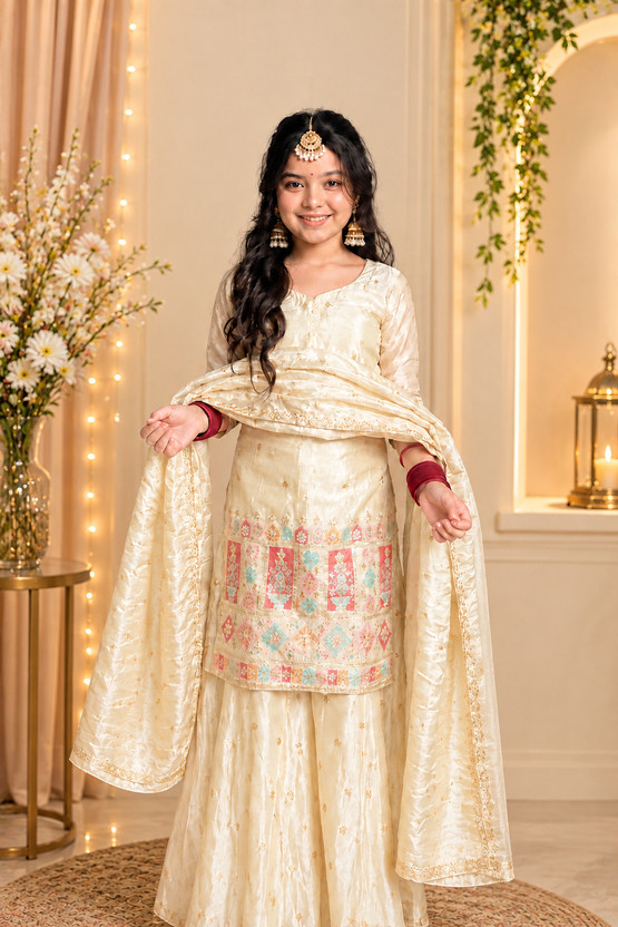 PIRA PIRA Girls Festive & Party Kurta and Sharara Set(Beige Pack of 1) - Flipkart Deal
