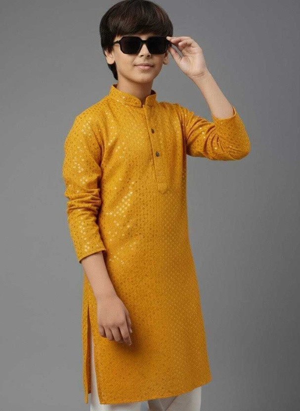 SK Fashion Boys Festive & Party Kurta and Pyjama Set(Yellow Pack of 1)