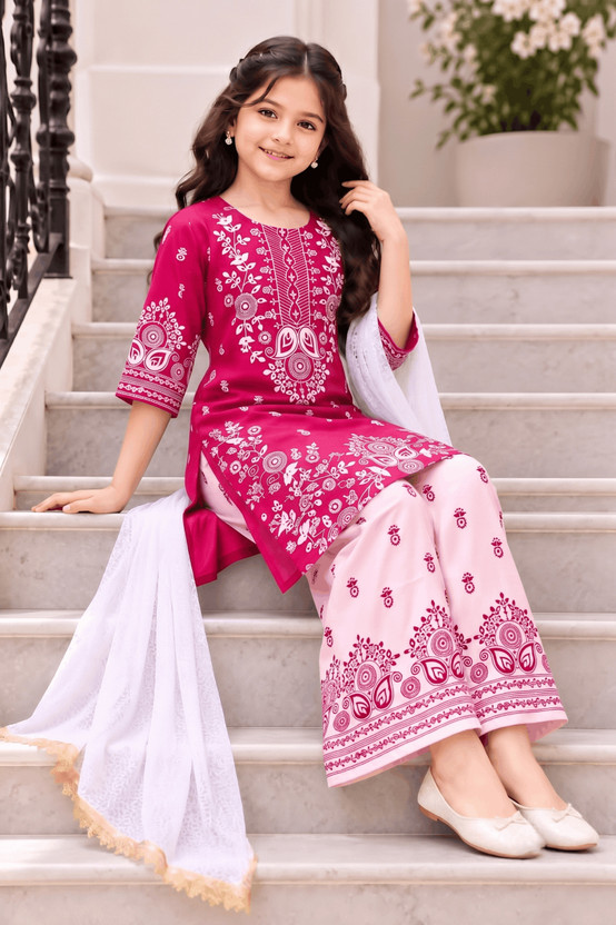 IRFANTEXTILE Girls Festive & Party Kurta and Palazzo Set(Pink Pack of 1)