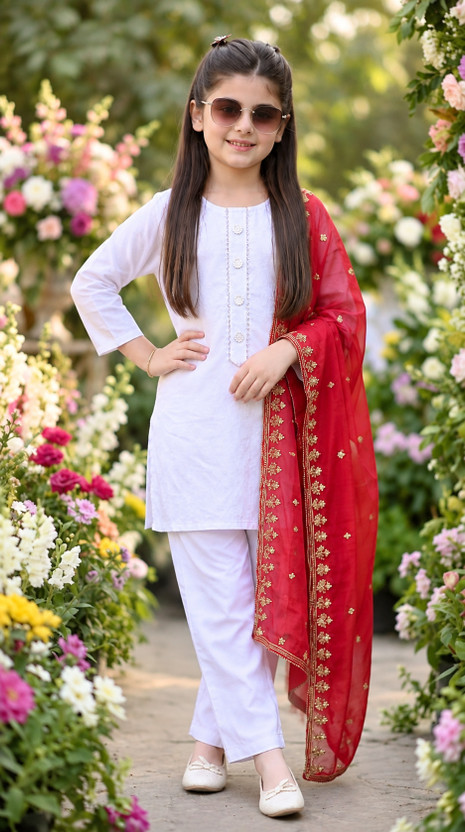 CUTE XII FASHION Girls Formal Kurta, Pyjama & Dupatta Set(White Pack of 1)