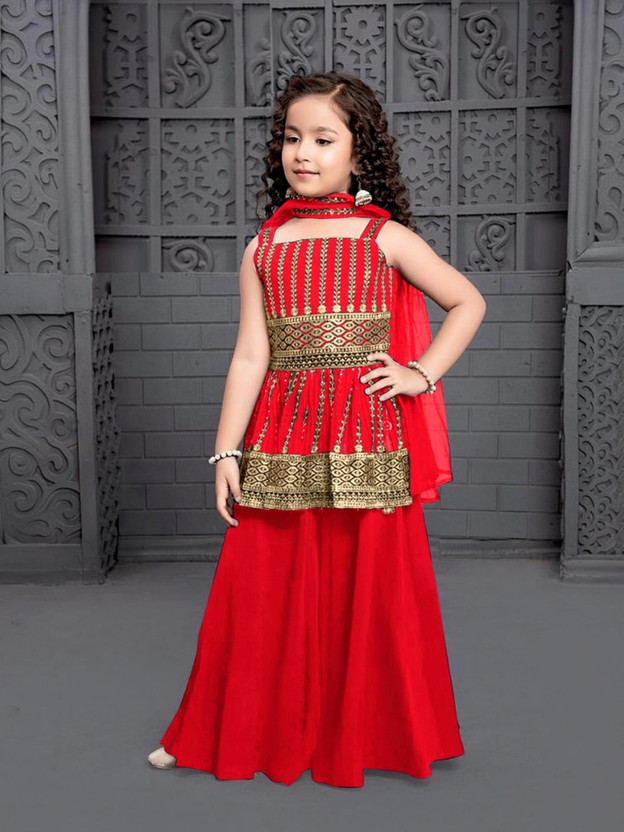 Viddhi Ethinic Girls Wedding Kurta and Palazzo Set(Red Pack of 1)