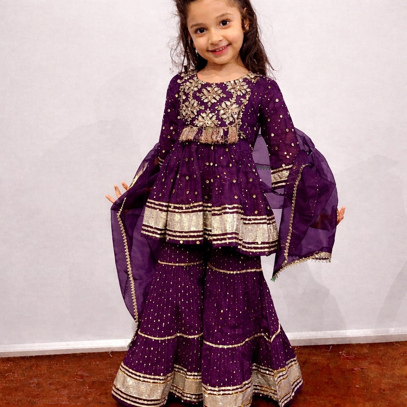 HouseOfCommon HouseOfCommon Girls Festive & Party Kurta and Sharara Set(Purple Pack of 1) - Flipkart Deal