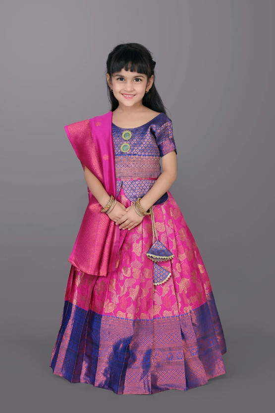 satyamfab Indi Girls Lehenga Choli Ethnic Wear Self Design Lehenga, Choli and Dupatta Set(Pink, Pack of 1)