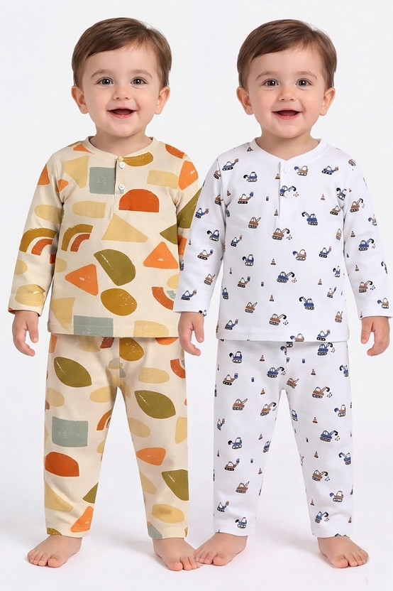 SUPERSQUAD Kids Nightwear Baby Boys & Baby Girls Printed Cotton(Multicolor Pack of 2)