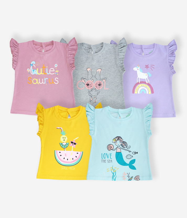 YUV Baby Girls Printed Pure Cotton Regular T Shirt(Multicolor, Pack of 5)