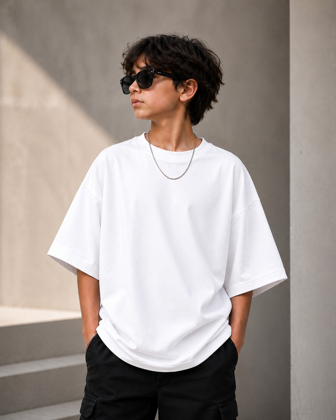 SVVTEX Boys Solid Cotton Blend Oversized T Shirt(White, Pack of 1)