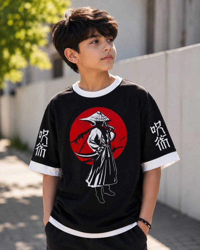 Anime Boys Graphic Print Cotton Blend Regular T Shirt(Black, Red, Pack of 1)