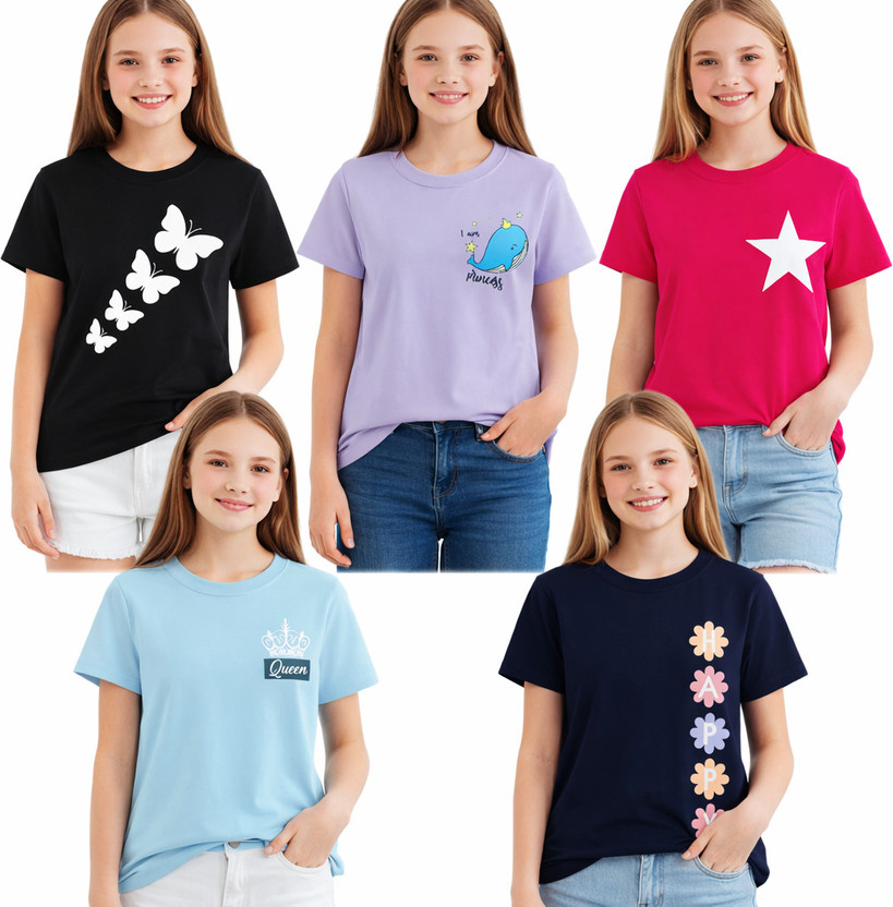 M Queen Girls Graphic Print Cotton Blend Regular T Shirt(Multicolor, Pack of 5)