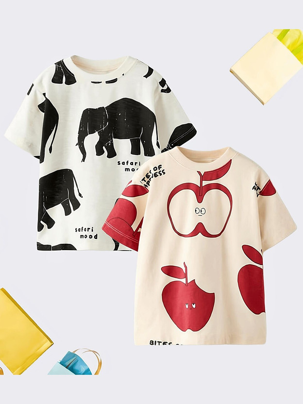 Googogaaga Baby Boys & Baby Girls Printed Cotton Blend Regular T Shirt(White, Pack of 2)