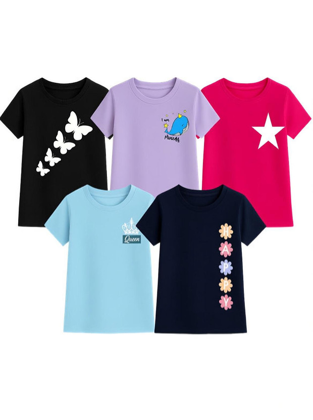 M Queen Girls Graphic Print Cotton Blend Regular T Shirt(Multicolor, Pack of 5)