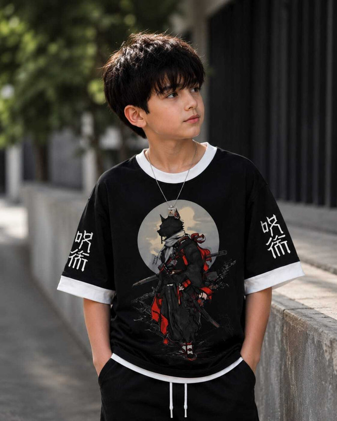 Anime Boys Graphic Print Cotton Blend Regular T Shirt(Black, Red, Pack of 1)