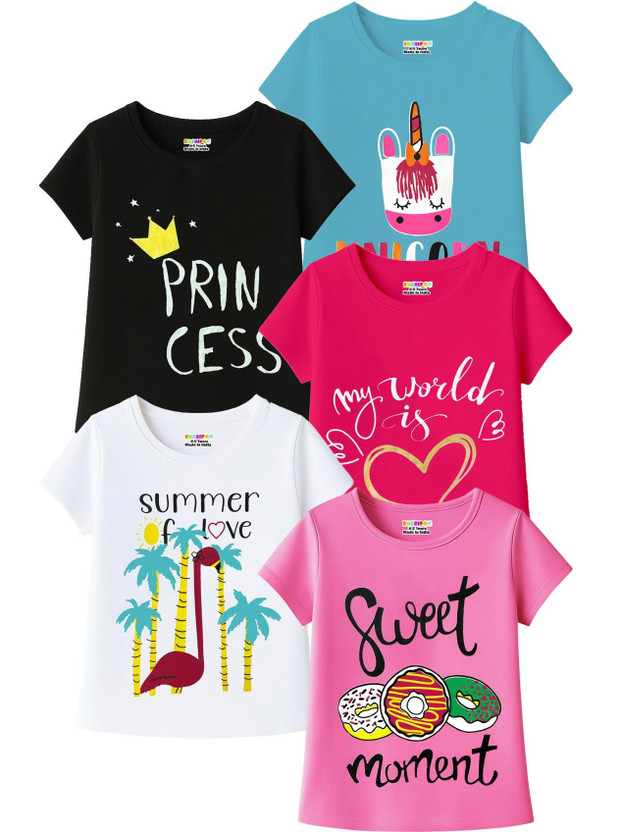 Kuchipoo Girls Printed Cotton Blend Regular T Shirt(Multicolor, Pack of 5)