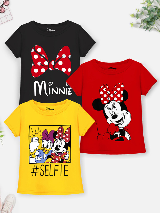 DISNEY BY MISS & CHIEF Girls Cartoon Cotton Blend Regular T Shirt(Multicolor, Pack of 3)