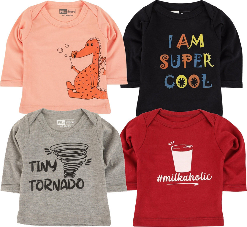 Piku Store Baby Boys & Baby Girls Printed Cotton Blend Regular T Shirt(Maroon, Pack of 4)
