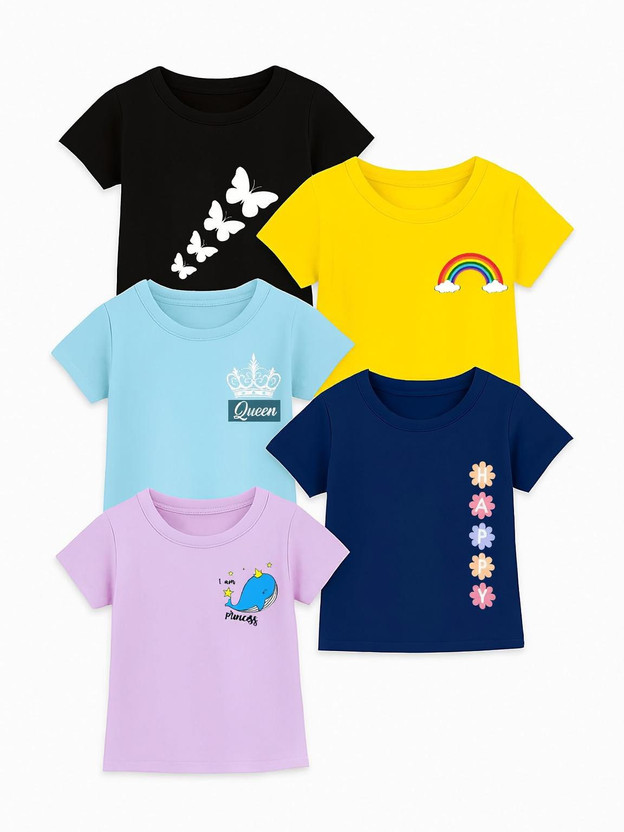 M Queen Girls Printed Cotton Blend Regular T Shirt(Multicolor, Pack of 5)