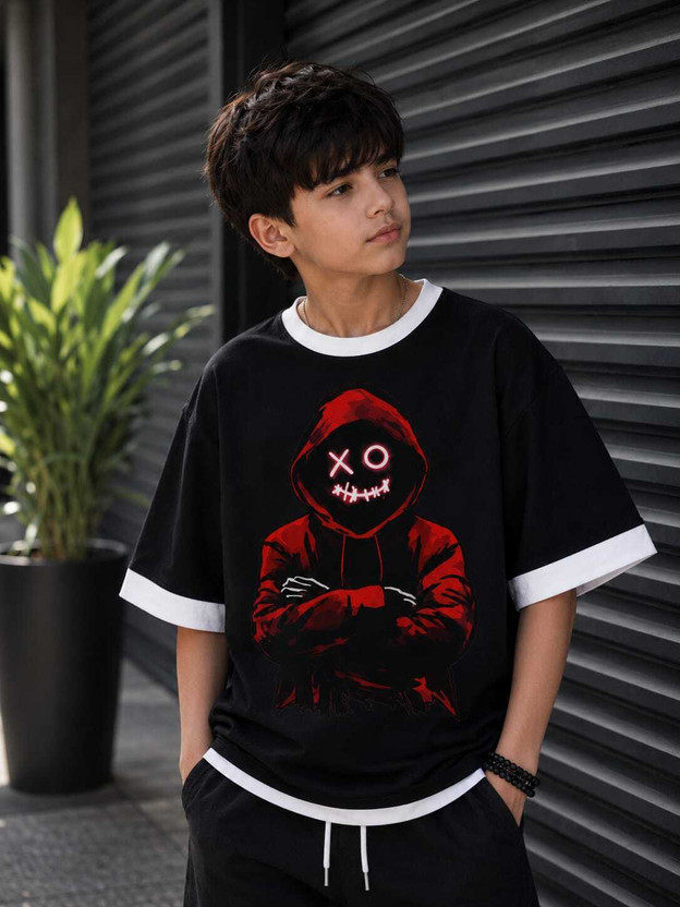Anime Boys Graphic Print Cotton Blend Regular T Shirt(Black, Red, Pack of 1)