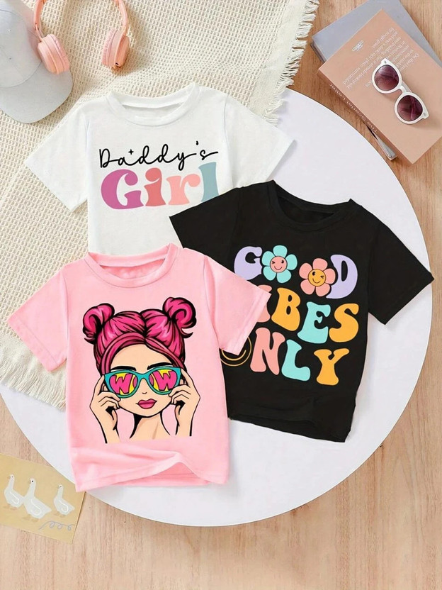 Luke and Lilly Girls Printed Cotton Blend Regular T Shirt(Multicolor, Pack of 3)
