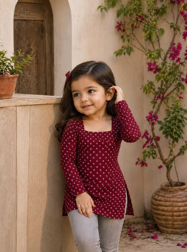 kidsdress Girls Casual Rayon Tunic Top(Maroon, Pack of 1)