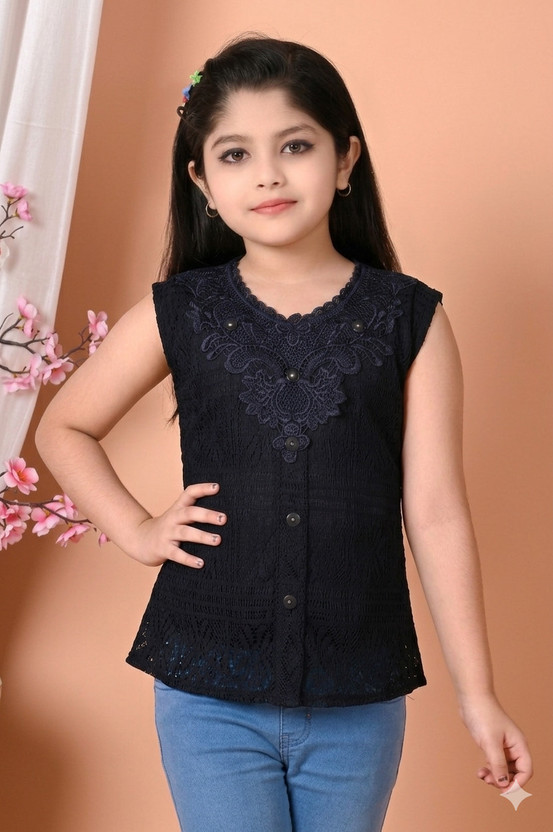 mkgarments Girls Party Lace Top(Black, Pack of 1)