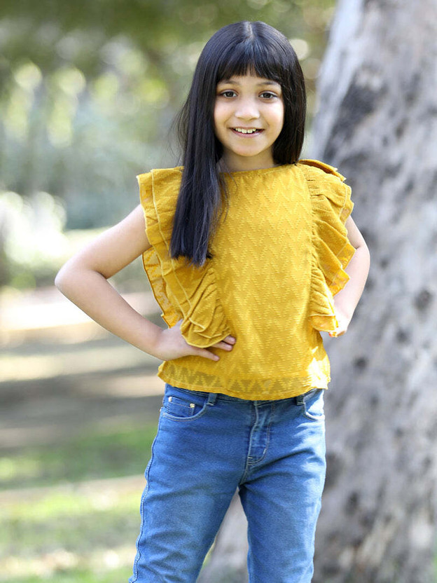 CUTIEKINS Girls Casual Polyester A-line Top(Yellow, Pack of 1)