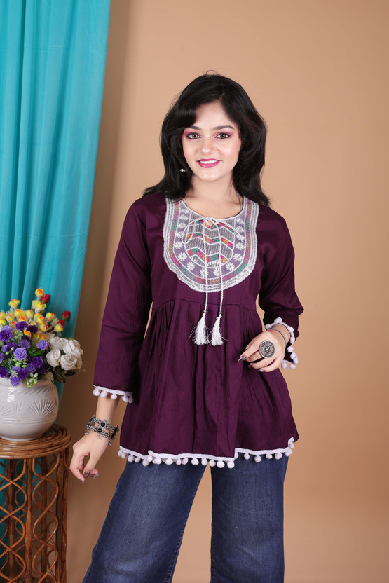 Zenat Girls Rayon Blouson Top(Purple, Pack of 1)