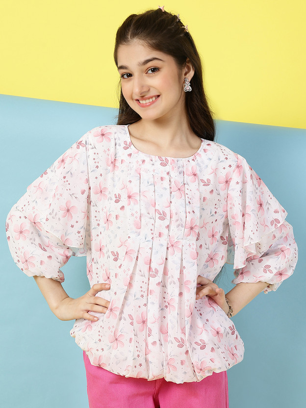 Miss & Chief Girls Casual Polyester Balloon Top(Pink, Pack of 1)