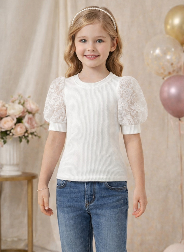 Qadri enterprises Girls Casual Cotton Blend Knit Top(White, Pack of 1)