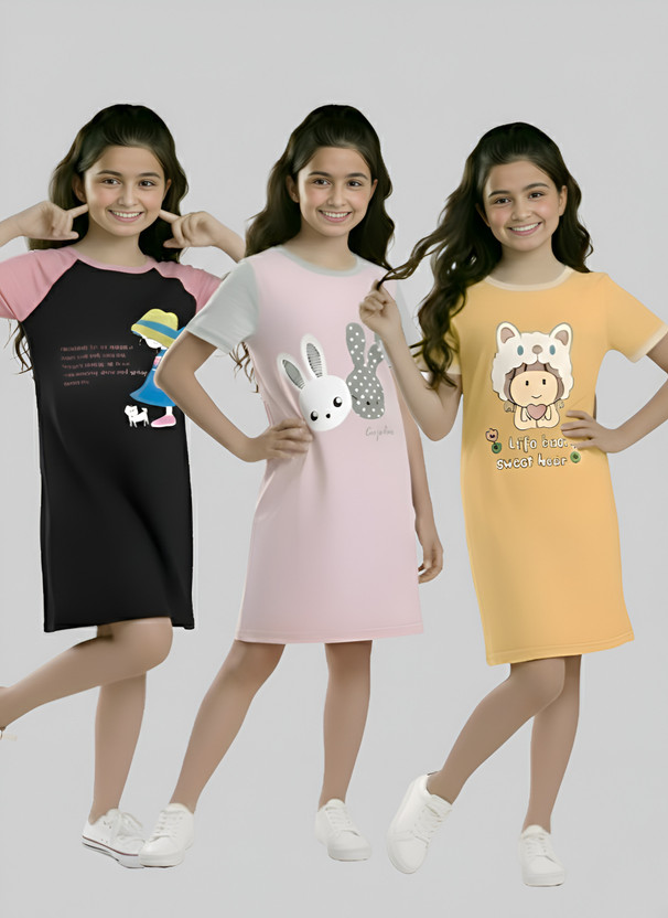 VP TEXX Girls Casual Cotton Blend A-line Top(Multicolor, Pack of 3)