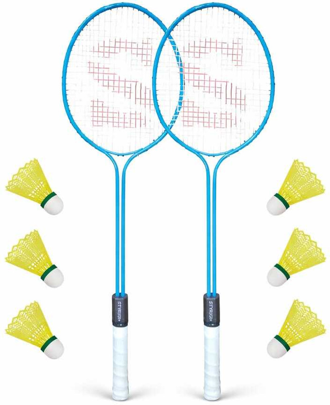 STYRKR Badminton Racquet Set of 2 Steel Frame with Shuttlecocks Pack OF 6 Combo Badminton Kit