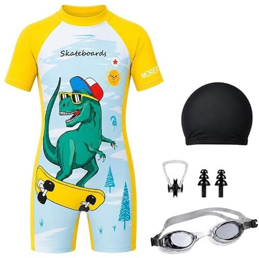 Morex Swimming Printed Costume for Kids with Swim Kit | 3-5 Years | Dinosaur (Yellow) Swimming Kit