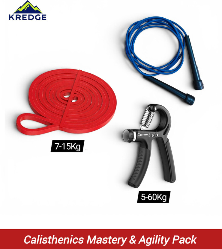 KREDGE 3-in-1 Home Gym Set | Combo of Resistance Band 7-15kg, Hand Gripper, Jump Rope Fitness Accessory Kit Kit