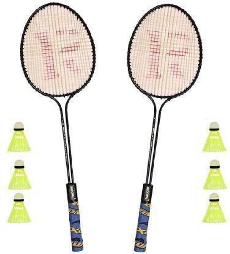 NS Sports Set Of 2 Piece Double Rod Badminton Racquet with 6 Piece Nylon Shuttle Badminton Kit