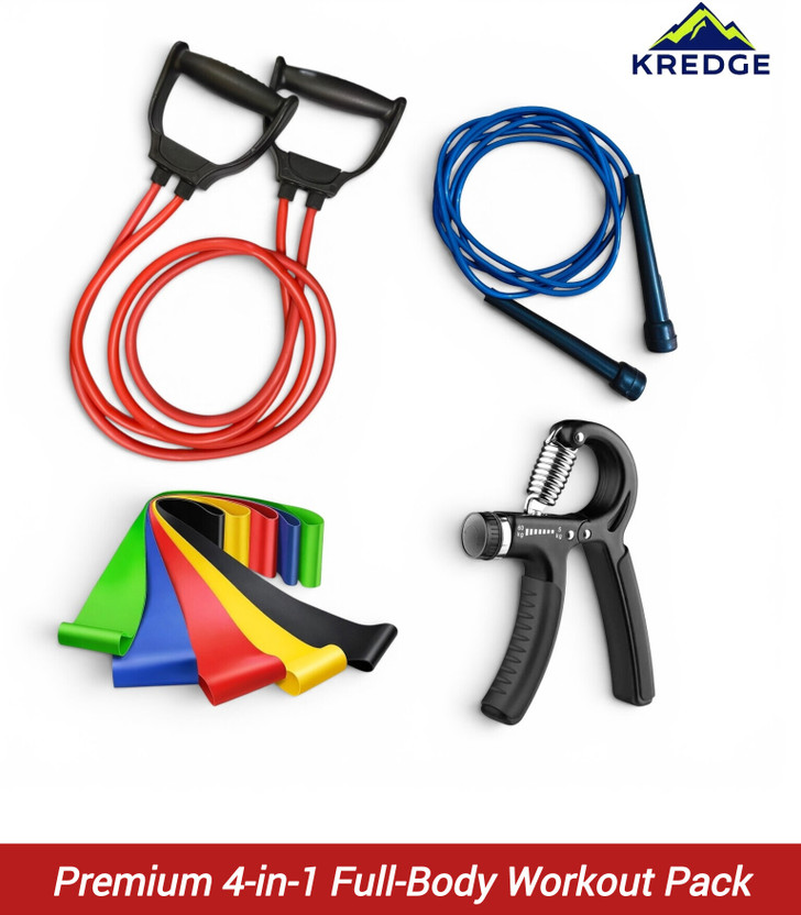 KREDGE 4-in-1 Home Gym Set | Combo of Resistance Bands, Toning Tube, Jump Rope, Gripper Fitness Accessory Kit Kit