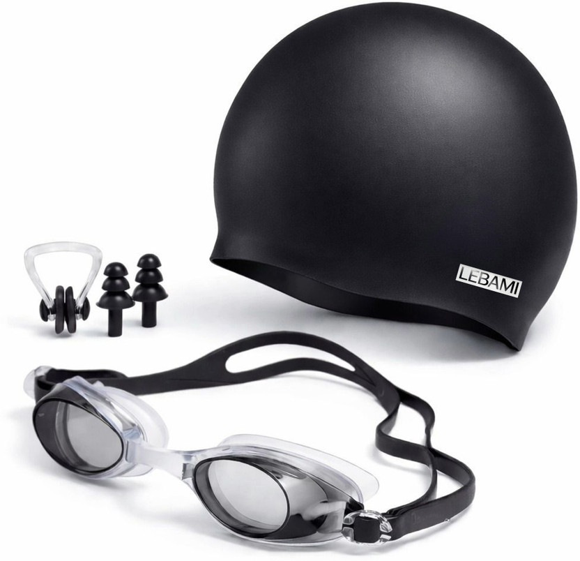 Lebami 100% Silicone Anti Fog Swimming Goggles, Cap, Earplug & Noseplug Set (Black) Swimming Kit